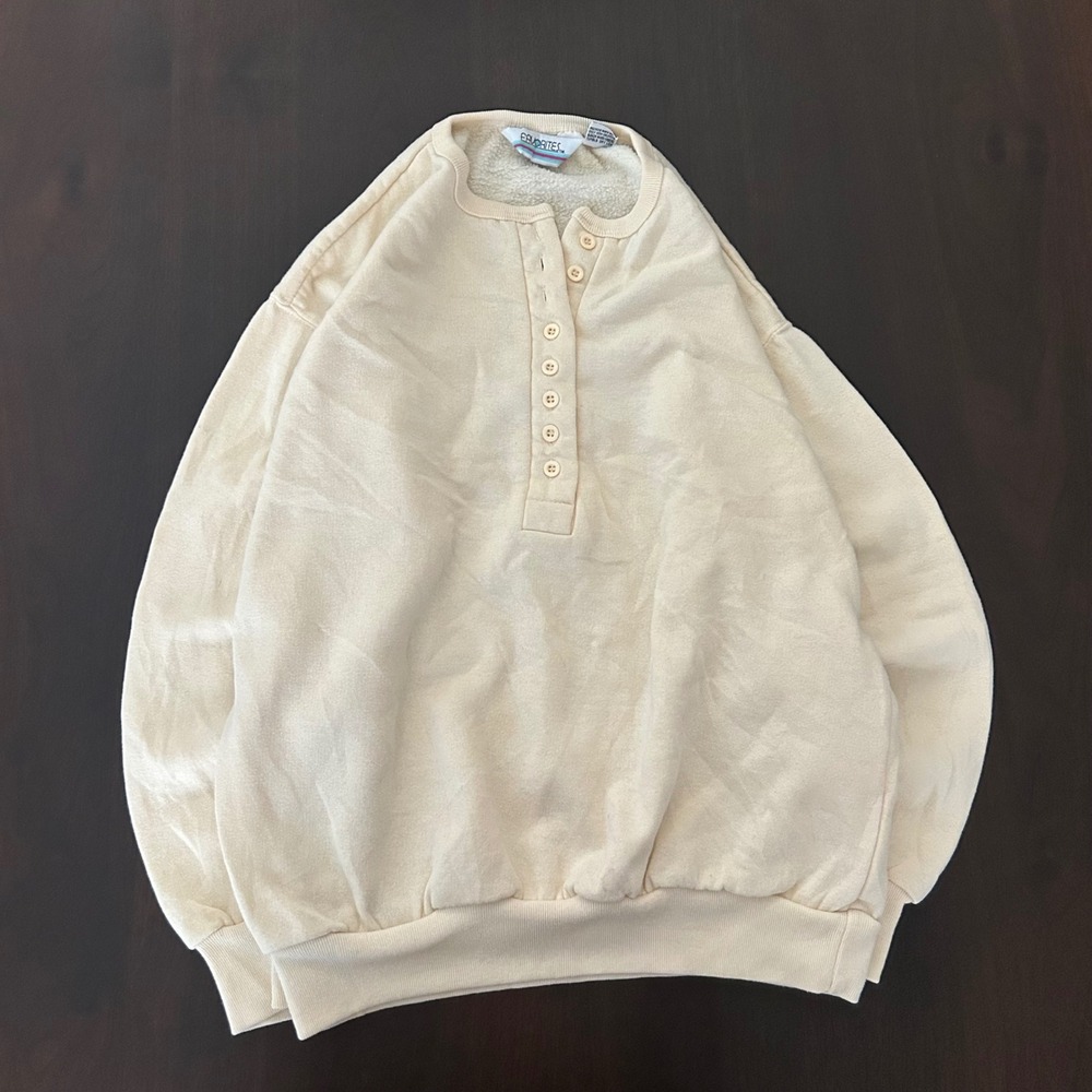 Vintage Favorites Cream Henley Sweatshirt Small Off White Fleece Pullover 80s